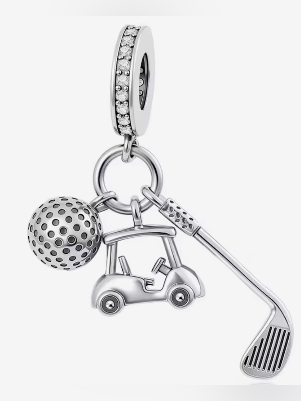 Silver Golf Charm Dangle with Ball, Cart & Club Triple Dangle